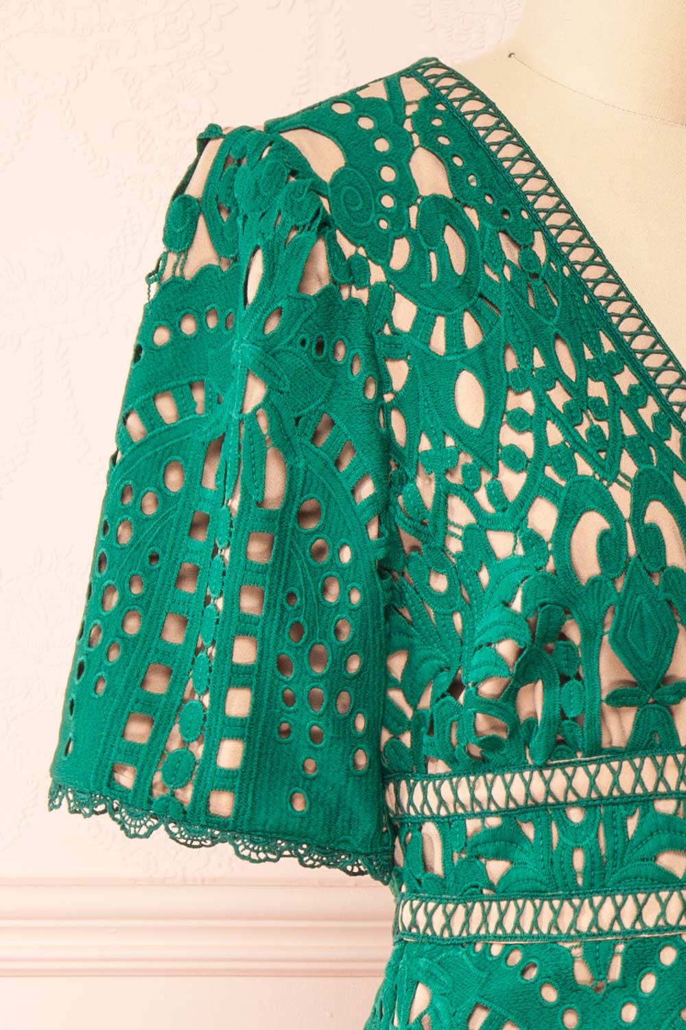 Analla Short Green Crocheted Lace Dress | Boutique 1861 side close-up