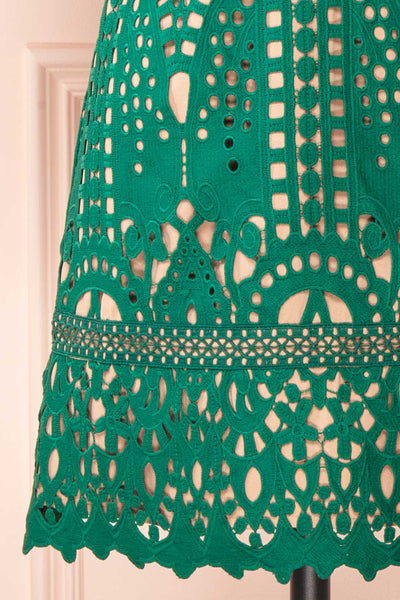 Analla Short Green Crocheted Lace Dress | Boutique 1861 bottom close-up