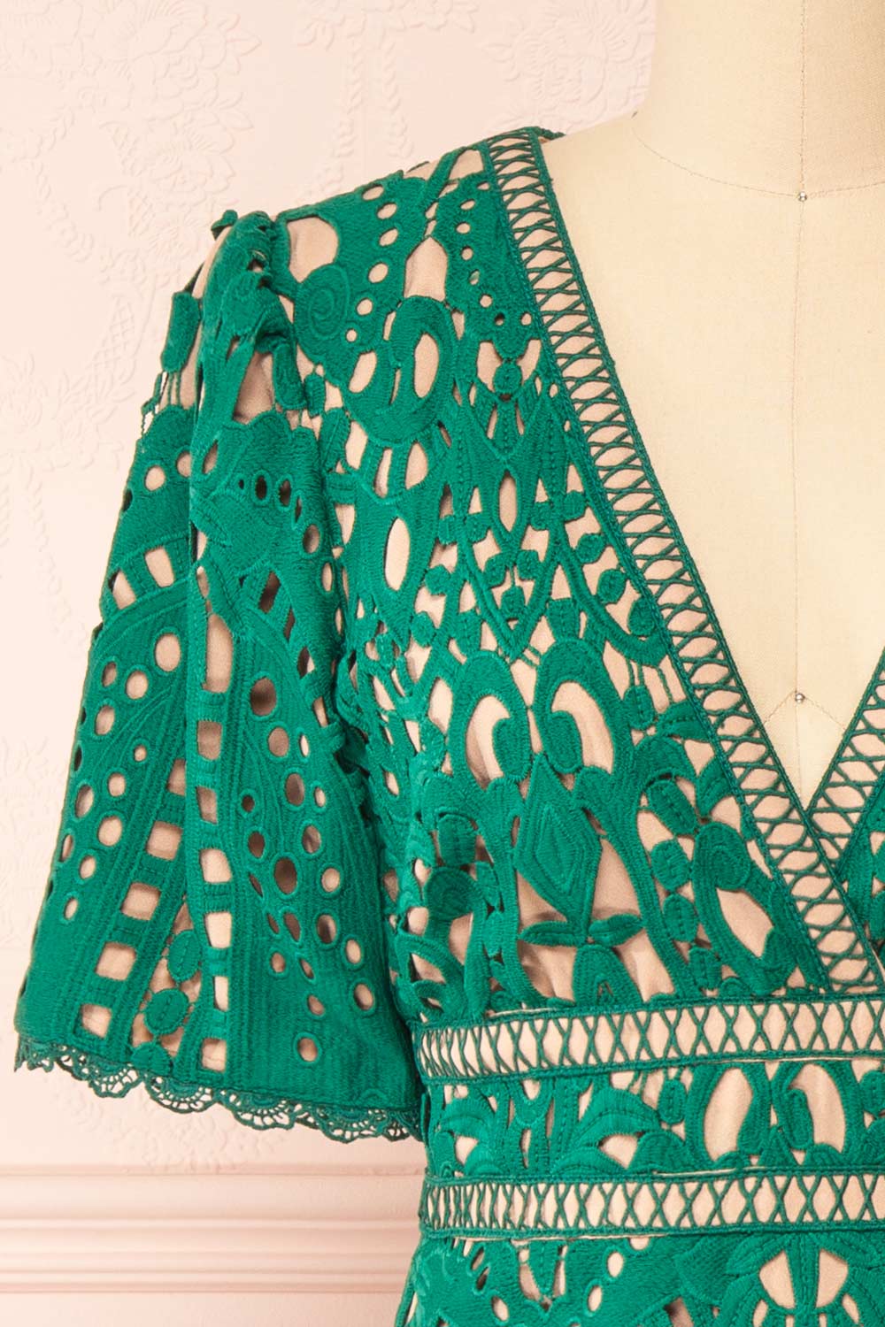 Analla Short Green Crocheted Lace Dress | Boutique 1861 front close-up