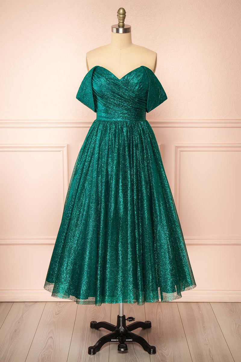 Anastriana Green Sparkly Off-Shoulder Midi Dress