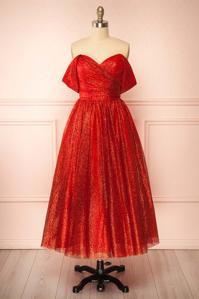Anastriana Red Sparkly Off-Shoulder Midi Dress | Boutique 1861 front view