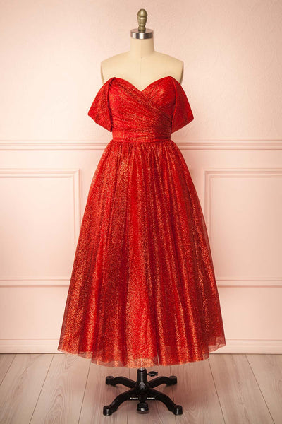 white christmas dresses Anastriana Red Sparkly Off-Shoulder Midi Dress