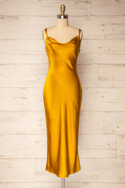 Andora Gold Satin Midi Dress | La petite garçonne front view
