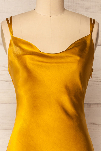Andora Gold Satin Midi Dress | La petite garçonne side close-up