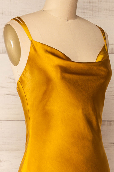 Andora Gold Satin Midi Dress | La petite garçonne  side close-up