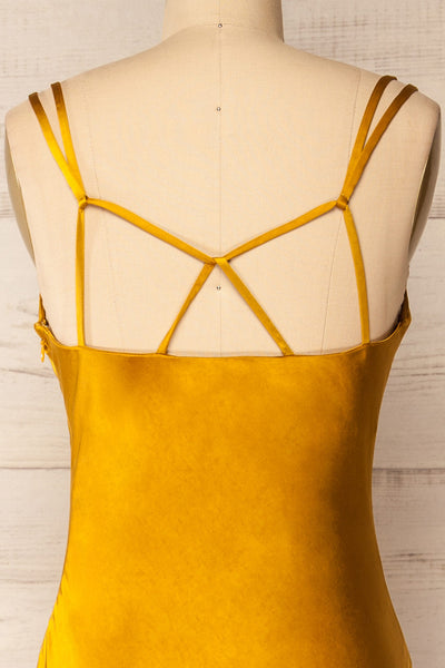 Andora Gold Satin Midi Dress | La petite garçonne  front close-up