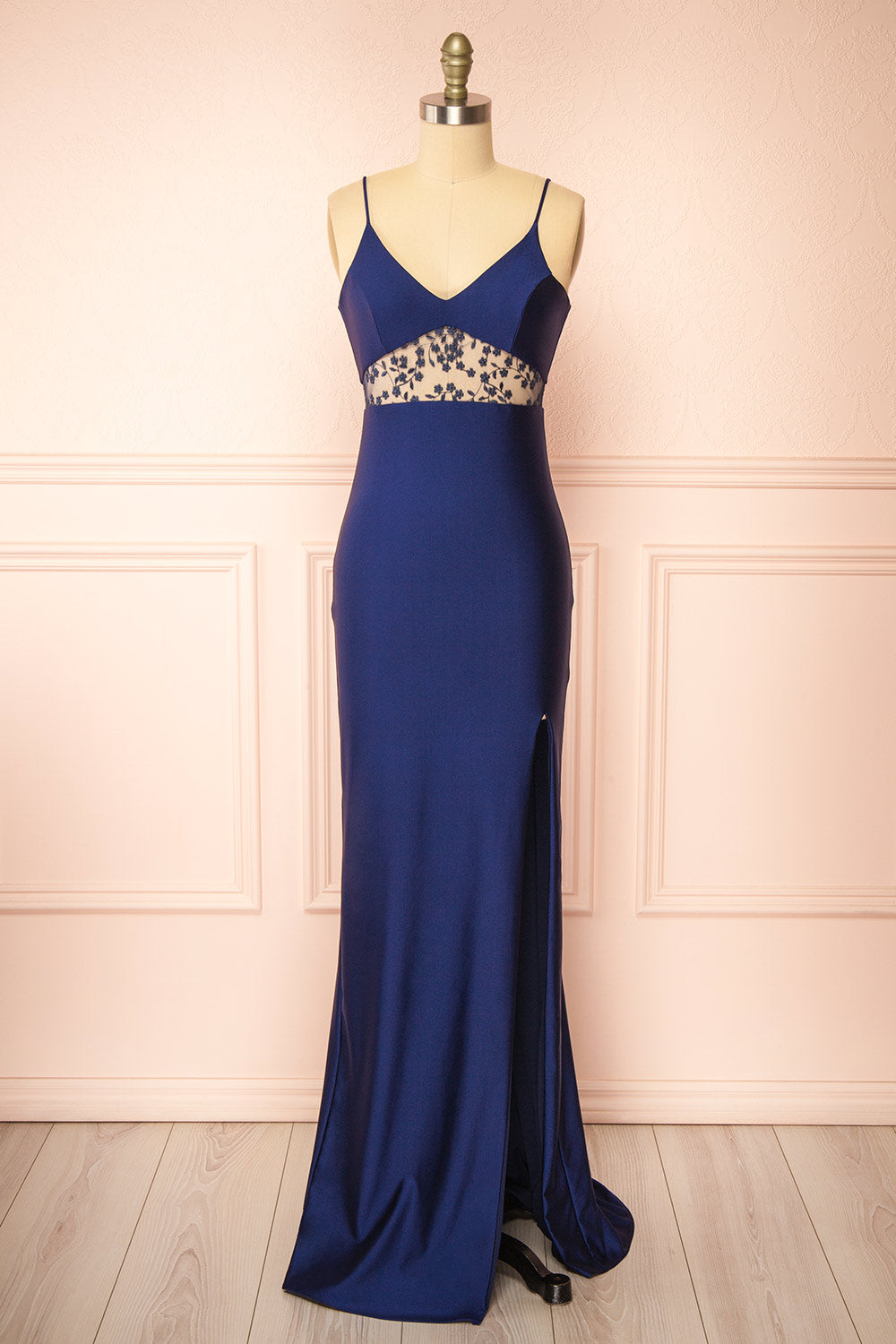 Angelika Navy Maxi Dress w/ Embroidered Mesh | Boutique 1861 front view