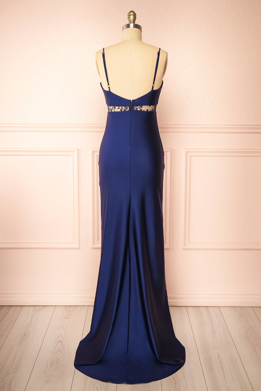 Angelika Navy Maxi Dress w/ Embroidered Mesh | Boutique 1861  back view