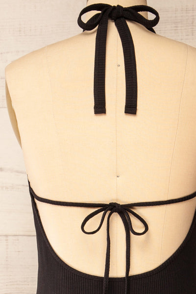 Anikara Black Ribbed Midi Halter Dress | La petite garçonne back close-up