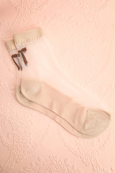 Aniol Beige Sheer Mesh Crew Socks w/ Bow Embroidery | Boutique 1861