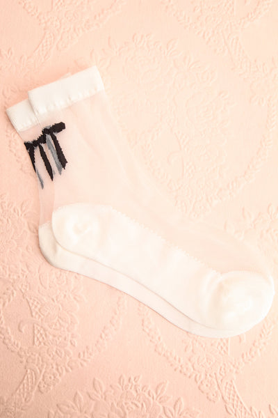 Aniol White Sheer Mesh Crew Socks w/ Bow Embroidery | Boutique 1861