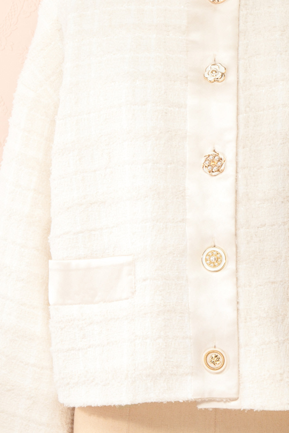 Anissa Jewel Button-Up Ivory Tweed Jacket | Boutique 1861 bottom close-up