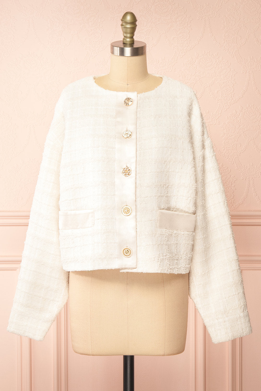 Anissa Jewel Button-Up Ivory Tweed Jacket | Boutique 1861 closed view