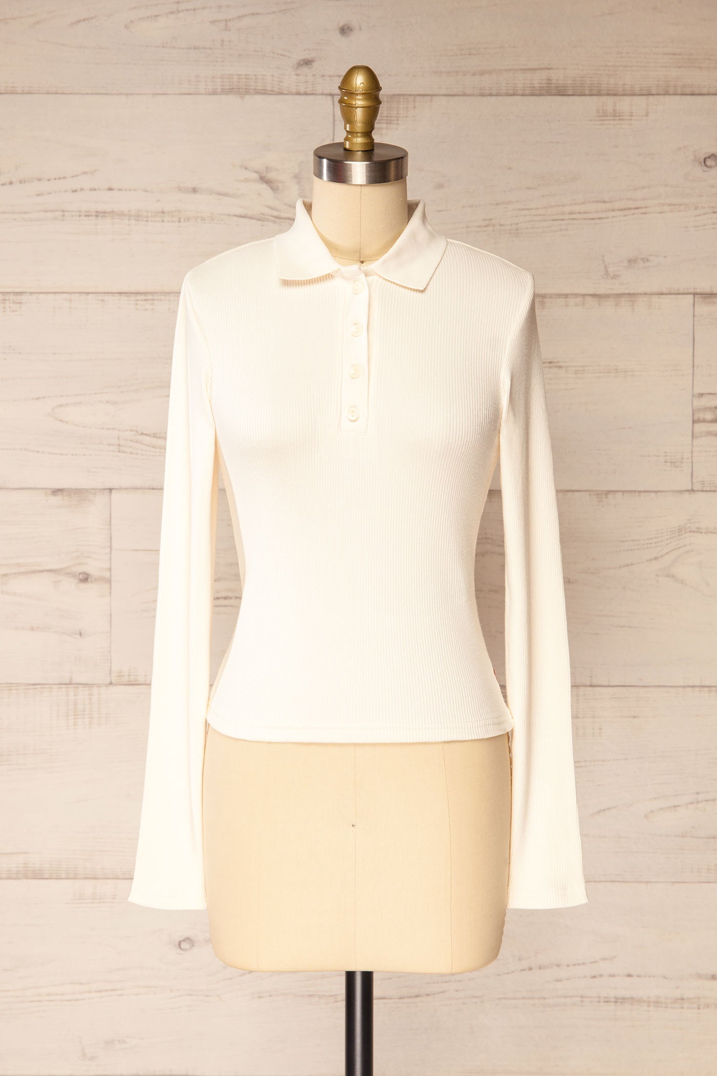 Anklam Ivory Long-Sleeve Ribbed Polo Sweater Top | La petite garçonne front 