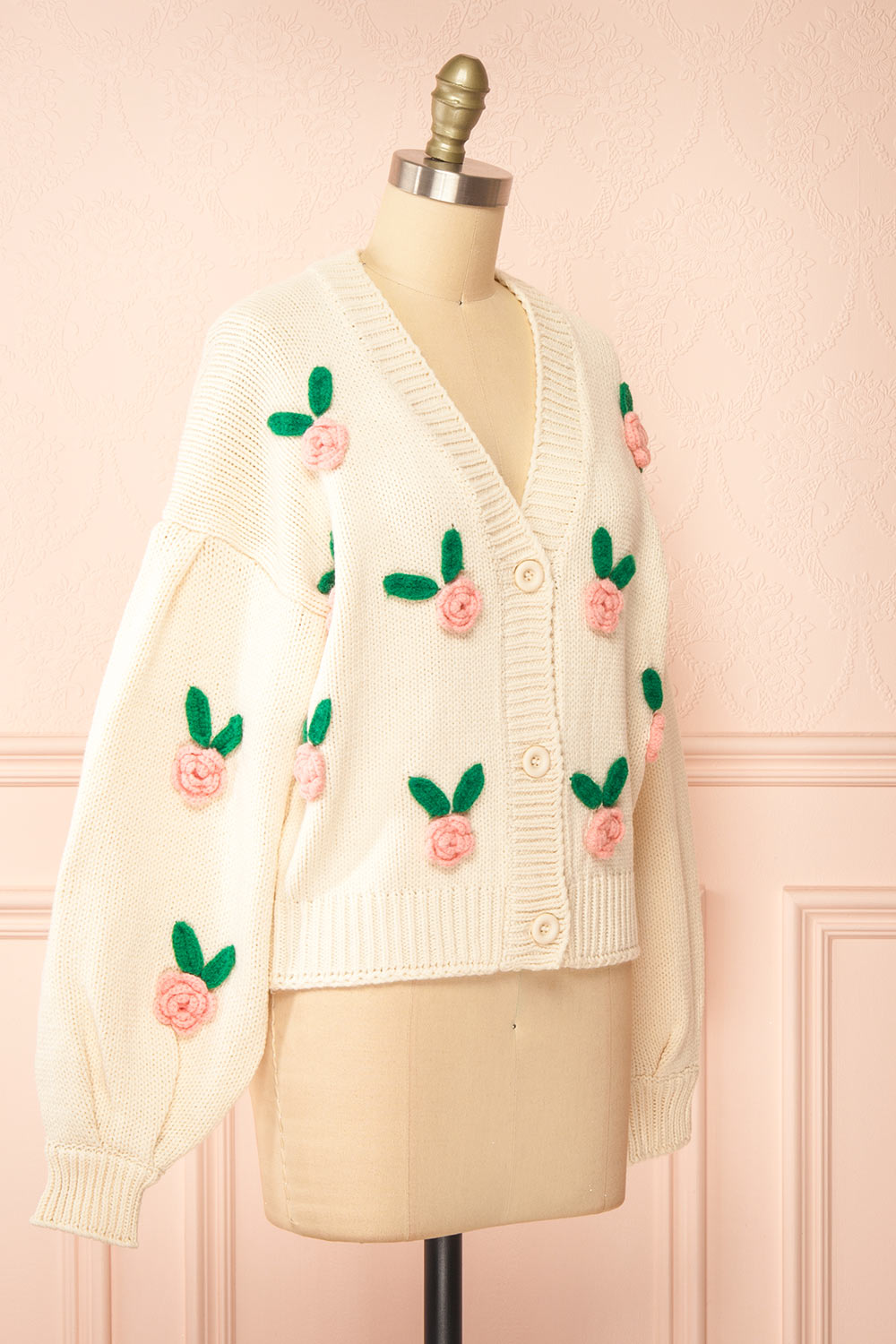 Annalee Beige Knit Cardigan wih 3D Flowers | Boutique 1861  side view