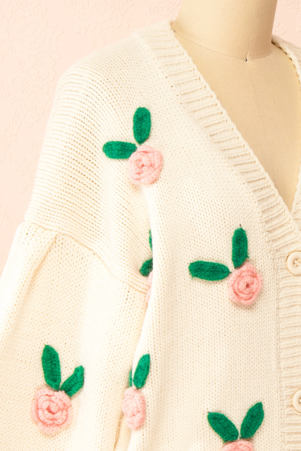 Annalee Beige Knit Cardigan wih 3D Flowers | Boutique 1861  side