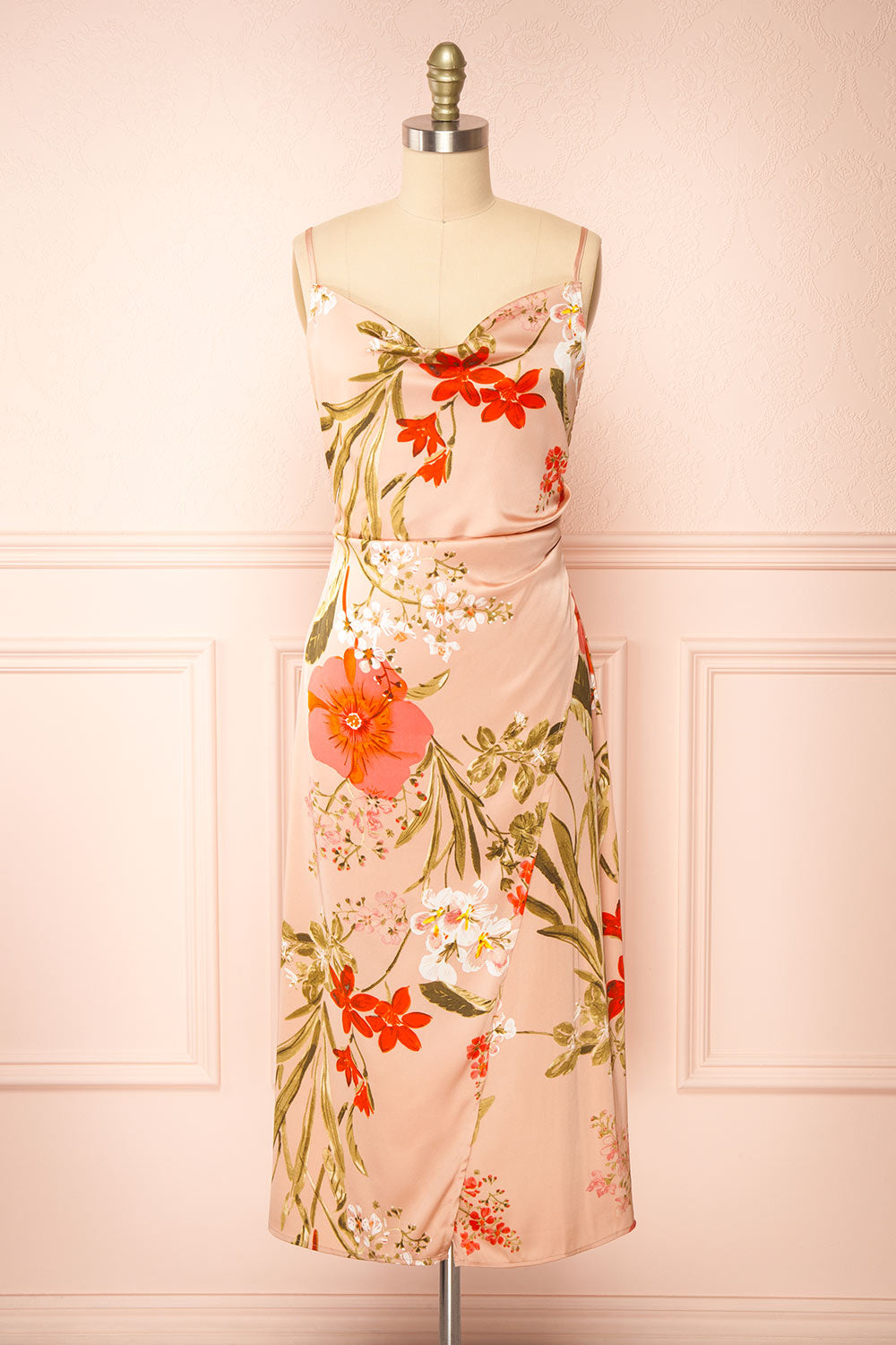 Annelise Pink Cowl Neck Floral Midi Dress | Boutique 1861 front view