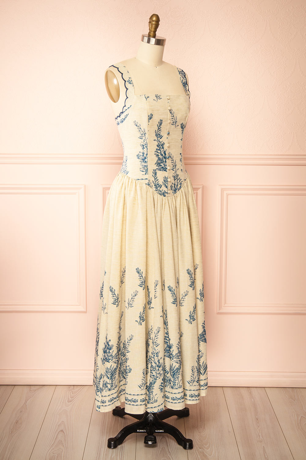 Anthea Beige Floral Long Dress with Scalloped Straps | Boutique 1861 side view