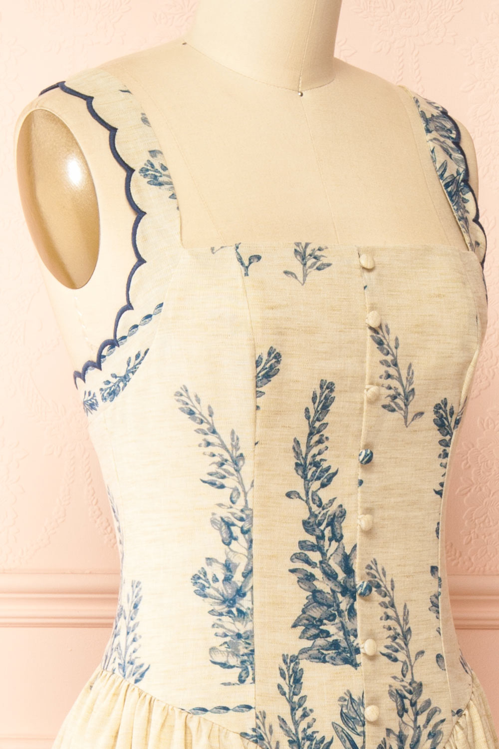 Anthea Beige Floral Long Dress with Scalloped Straps | Boutique 1861 side