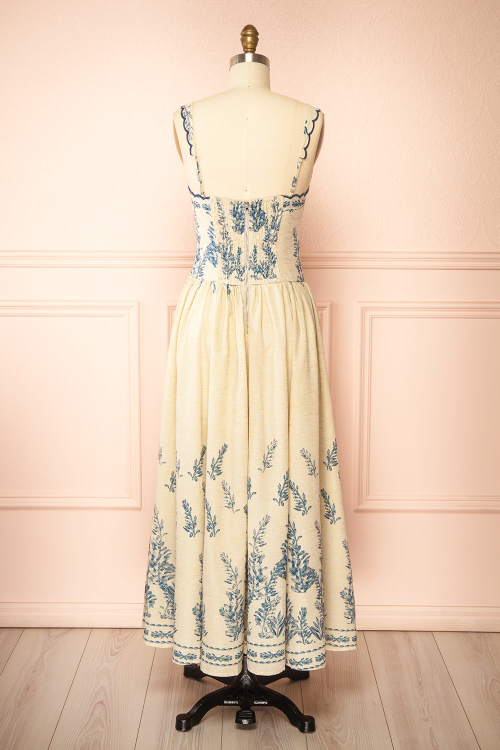 Anthea Beige Floral Long Dress with Scalloped Straps | Boutique 1861 back view