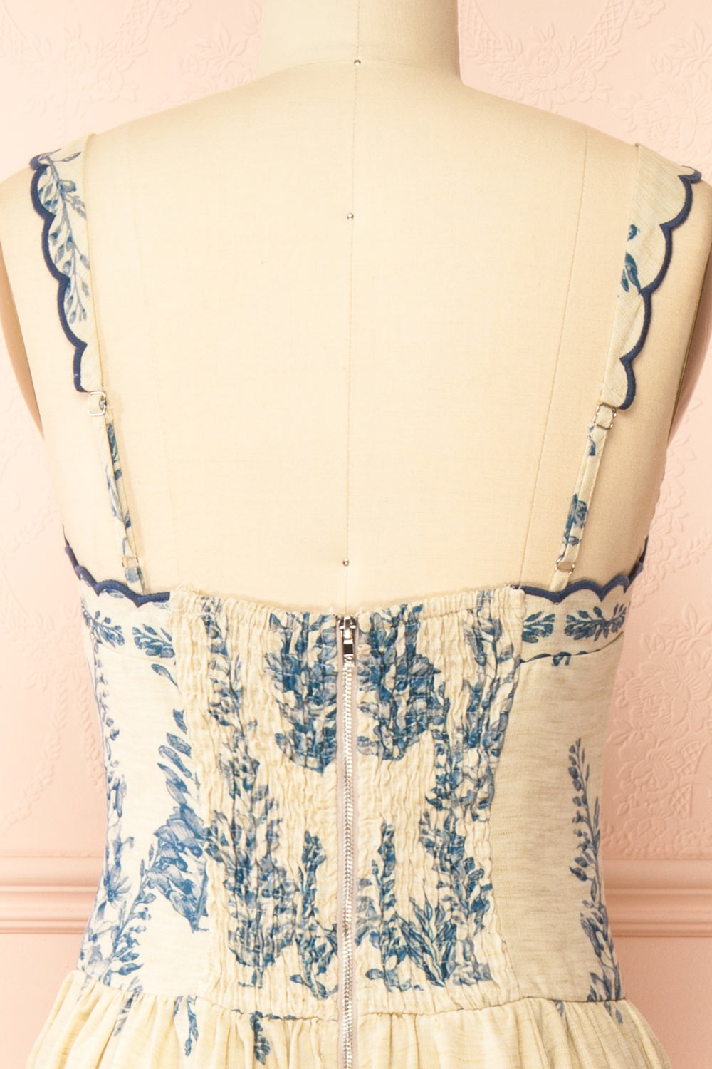 Anthea Beige Floral Long Dress with Scalloped Straps | Boutique 1861 back