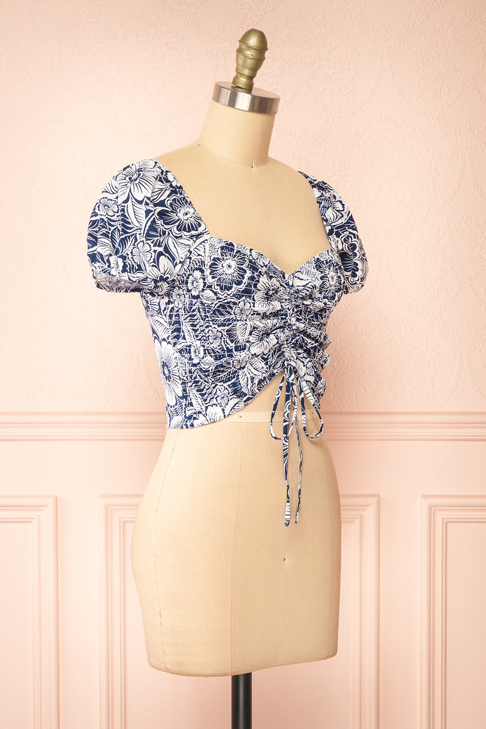 Anthela Ruched Navy Floral Top | Boutique 1861  side view