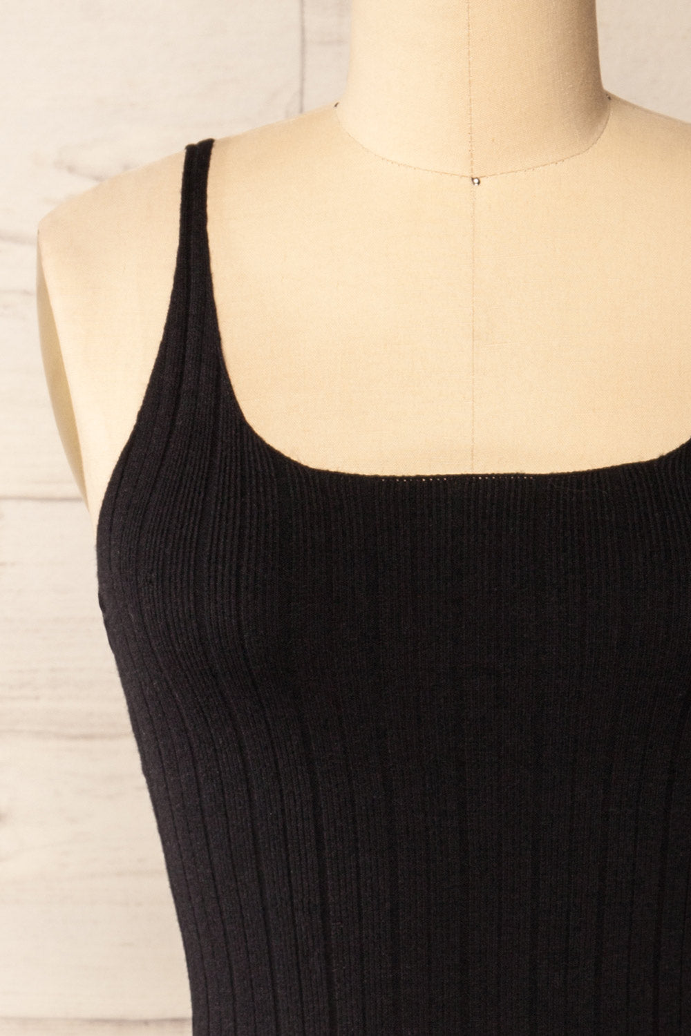Antibes Black Short Ribbed Knit Dress | La petite garçonne front close-up
