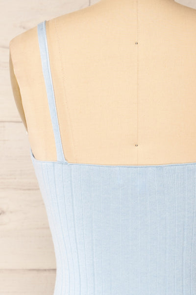 Antibes Blue Short Ribbed Knit Dress | La petite garçonne back close-up