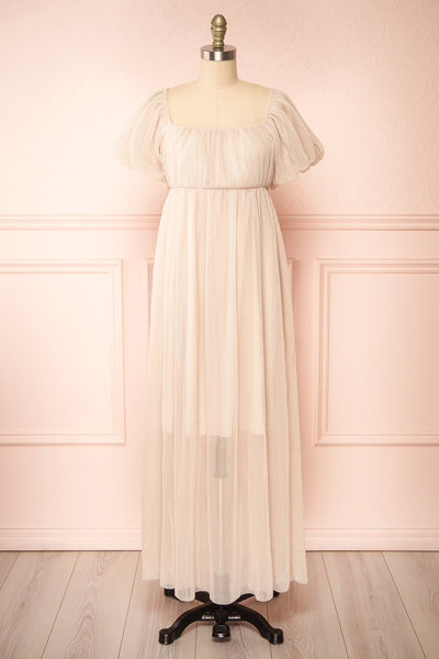 Araminta Pleated Beige Maxi Babydoll Dress | Boutique 1861 front view