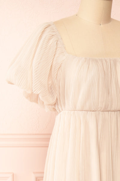 Araminta Pleated Beige Maxi Babydoll Dress | Boutique 1861 side close-up