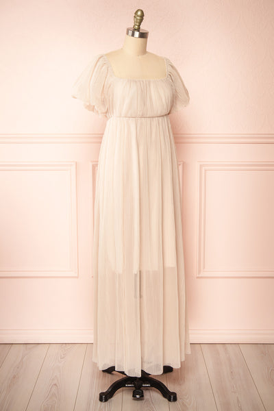 Araminta Pleated Beige Maxi Babydoll Dress | Boutique 1861 side view