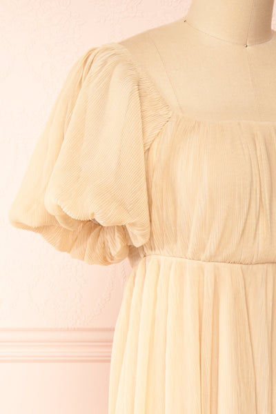 Araminta Beige Pleated Maxi Babydoll Dress | Boutique 1861 side close-up