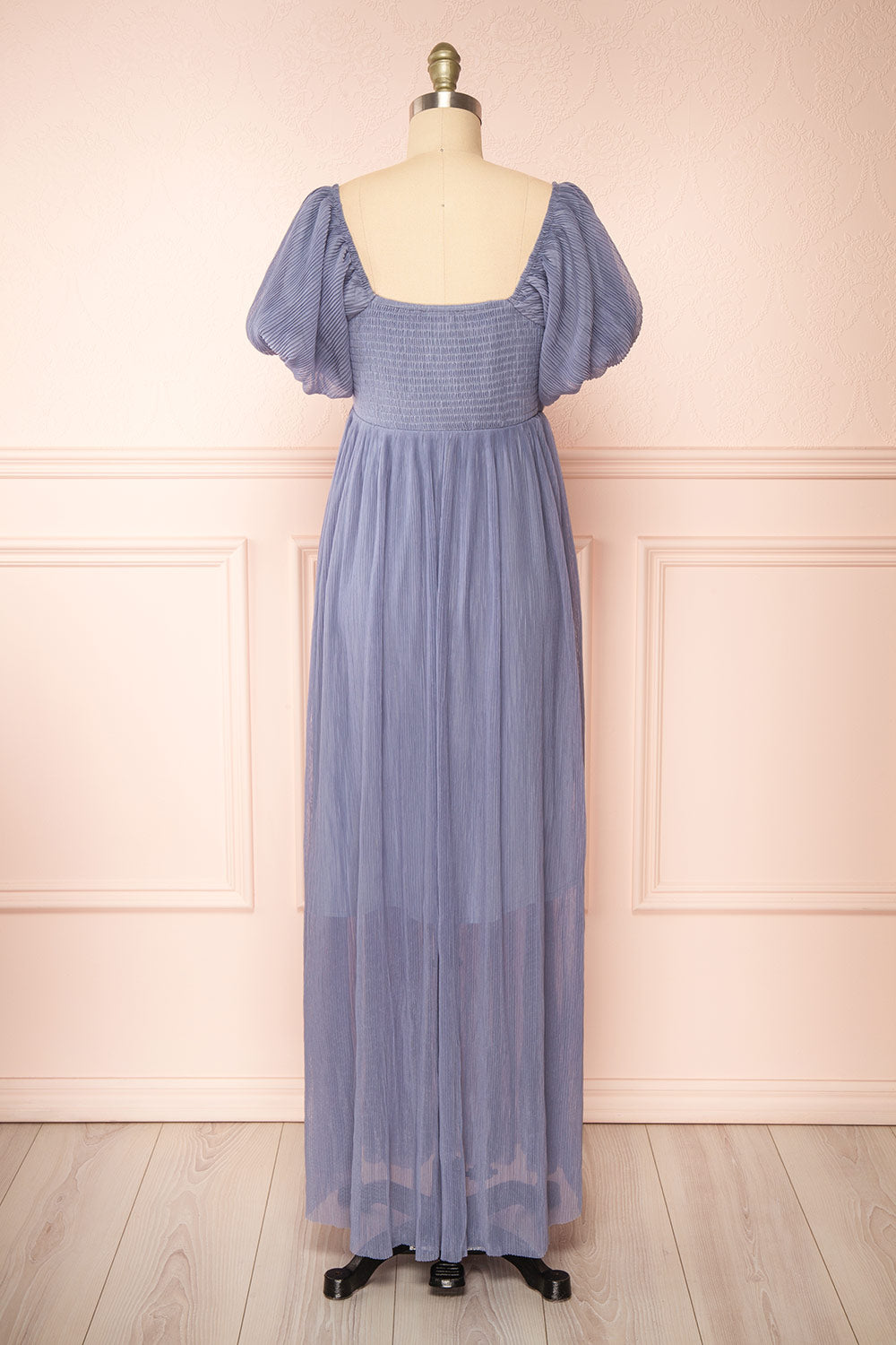 Araminta Pleated Blue Maxi Babydoll Dress | Boutique 1861  back view