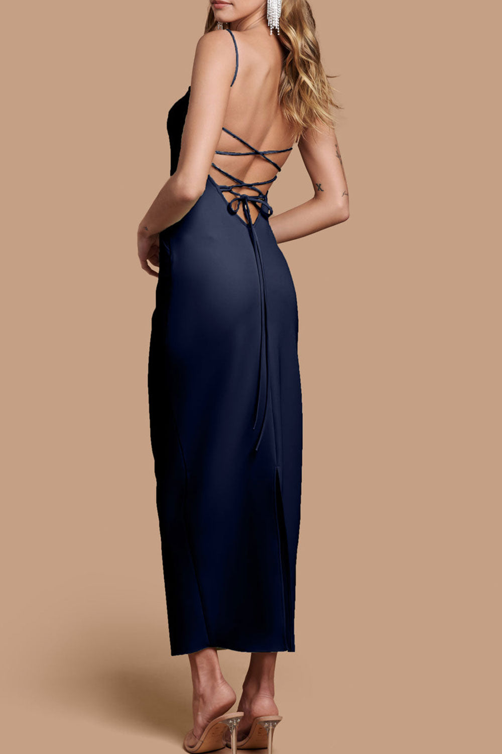 woman wearing Arannia Navy Fitted Midi Dress with Laced Back | Boutique 1861 back