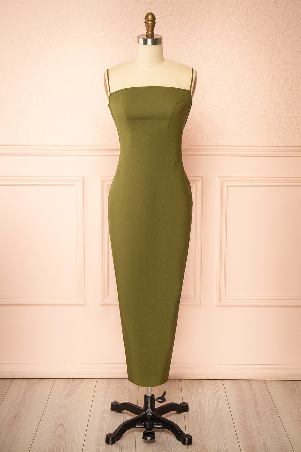 Arannia Khaki Fitted Midi Dress with Laced Back by Arti Gogna | Boutique 1861 front view