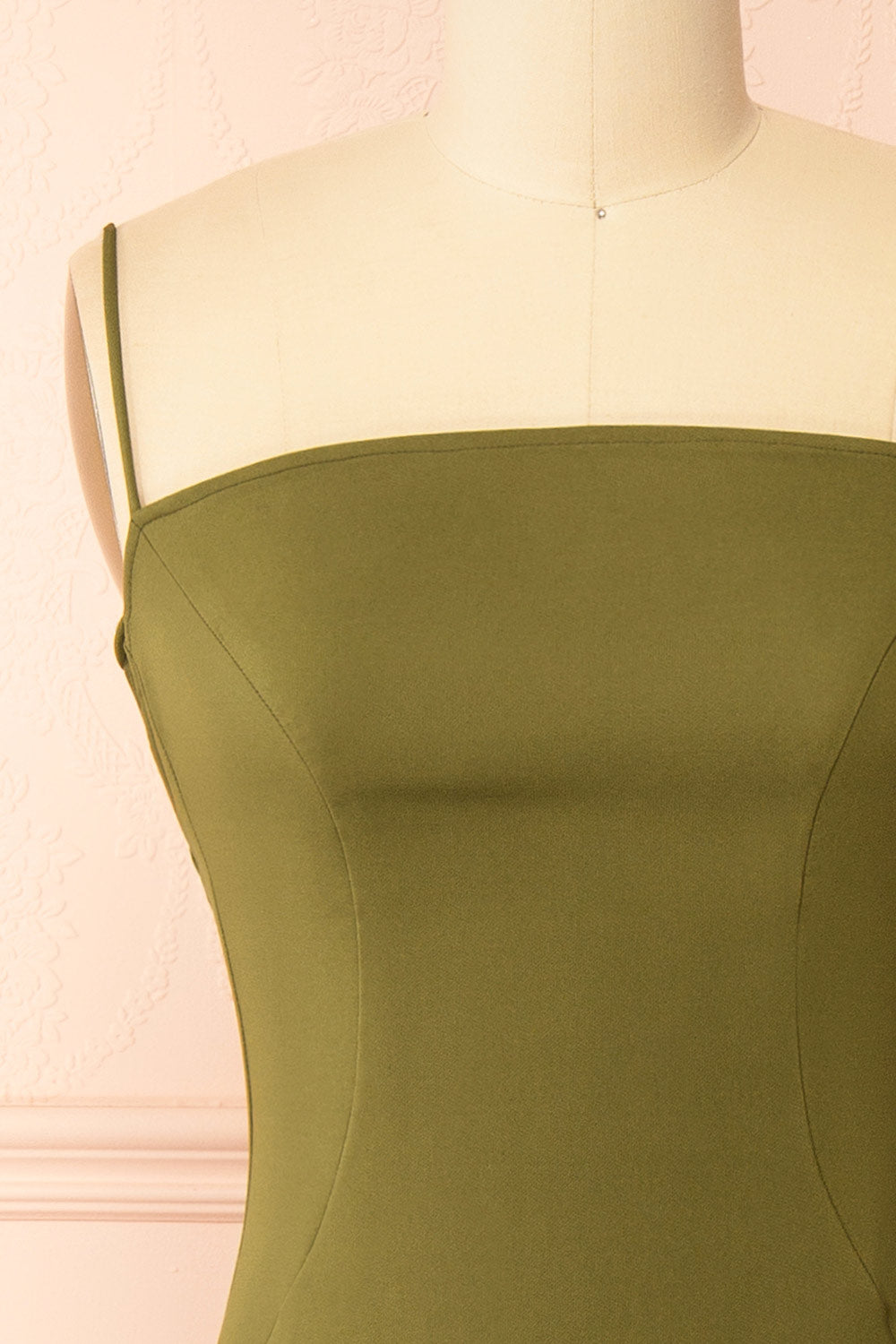 Arannia Khaki Fitted Midi Dress with Laced Back by Arti Gogna | Boutique 1861 front 