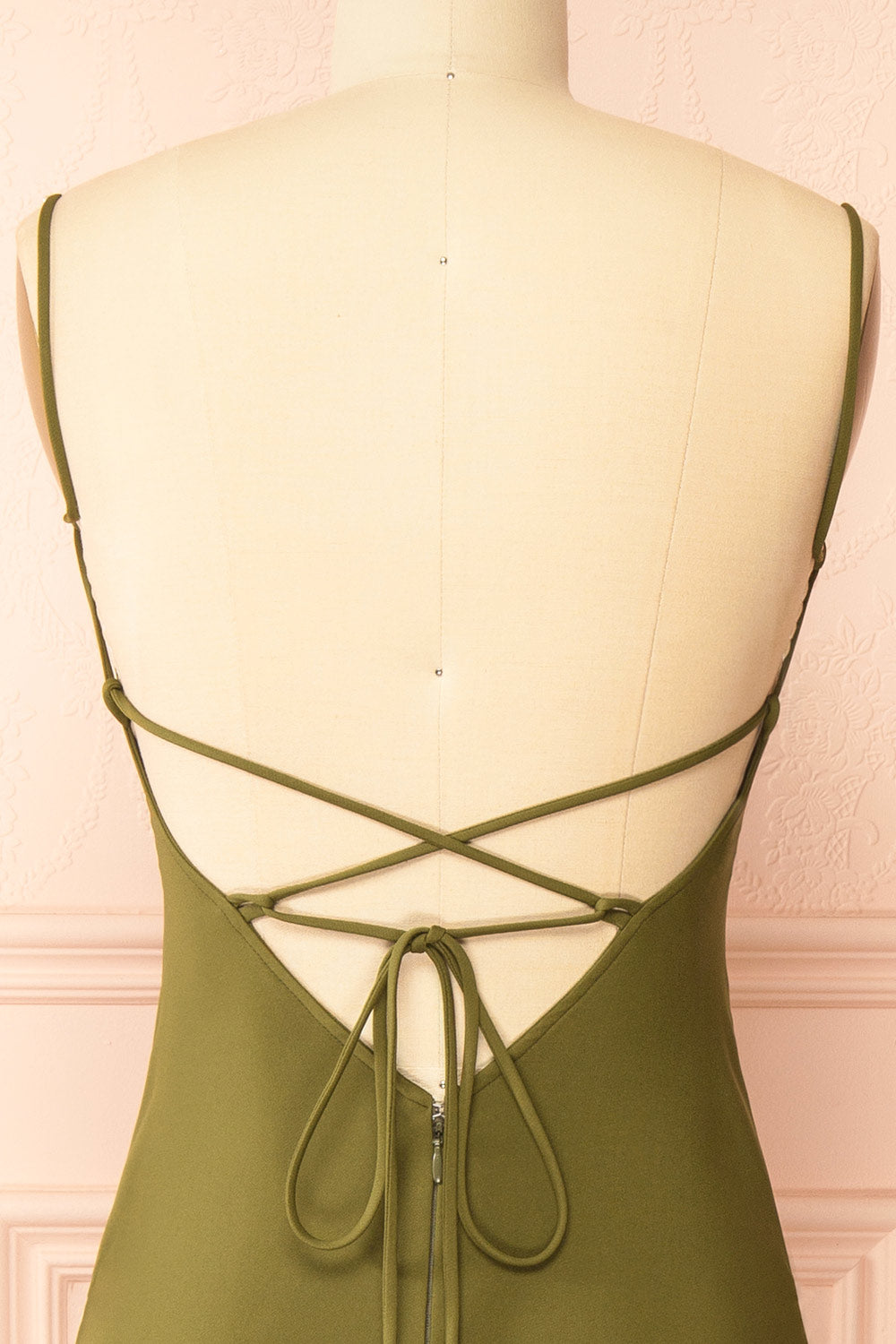 Arannia Khaki Fitted Midi Dress with Laced Back by Arti Gogna | Boutique 1861 back