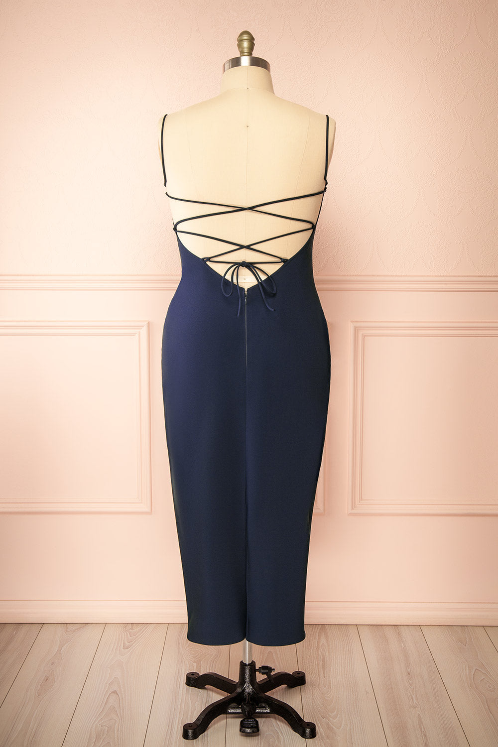 Arannia Navy Fitted Midi Dress with Laced Back | Boutique 1861 back plus size 