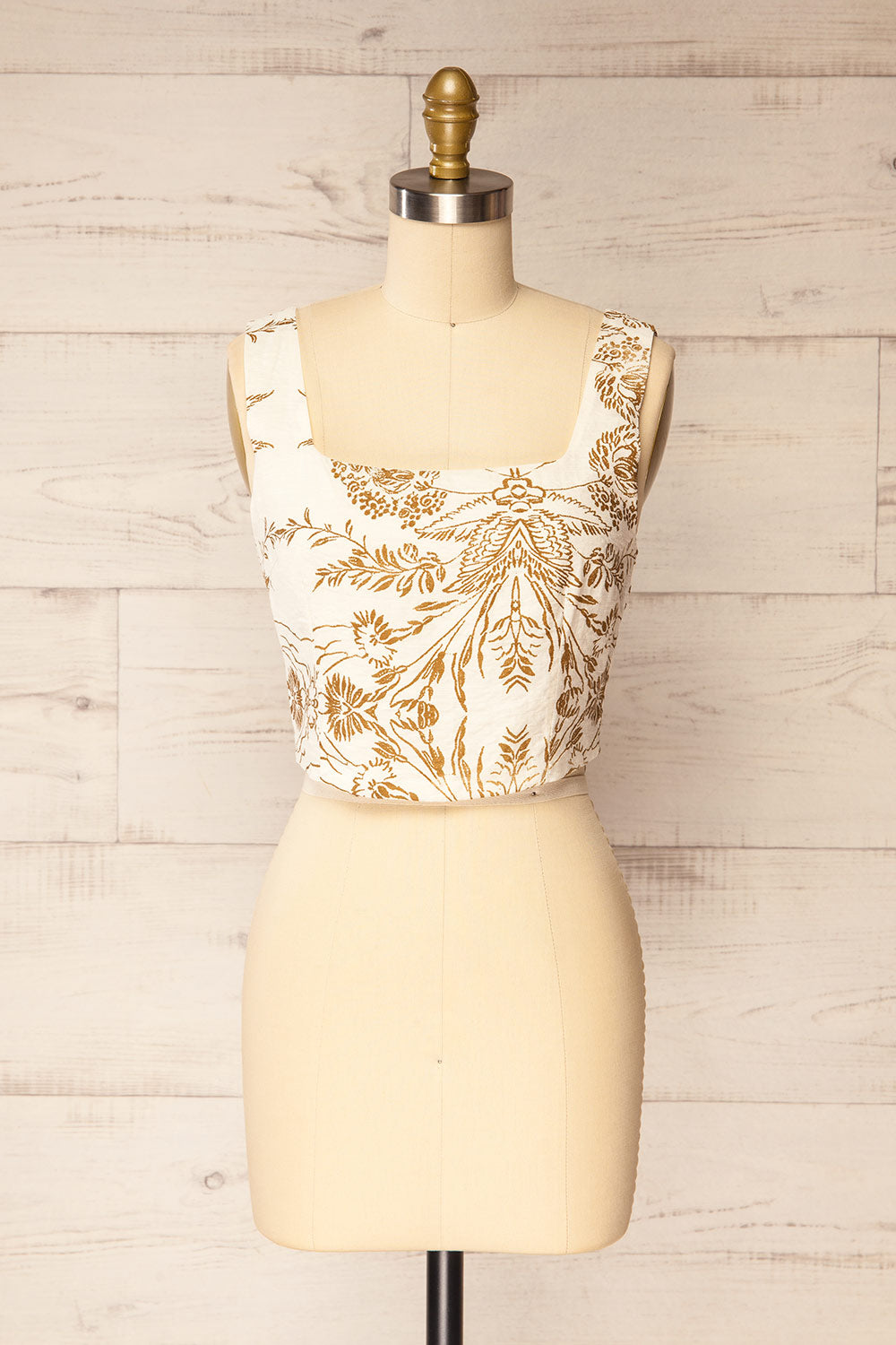 Ardane Beige Brown Floral Cropped Top with Square Neck | La petite garçonne front view
