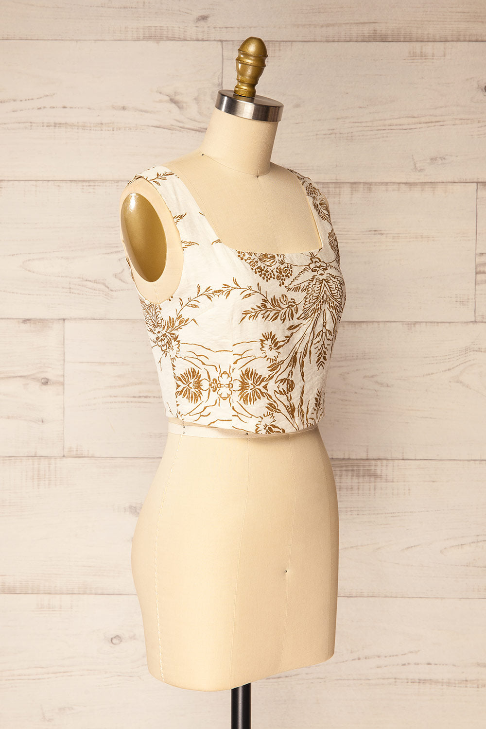 Ardane Beige Brown Floral Cropped Top with Square Neck | La petite garçonne  side view