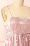 Ardelle Short Mauve Babydoll Dress w/ Pearls | Boutique 1861 side close-up