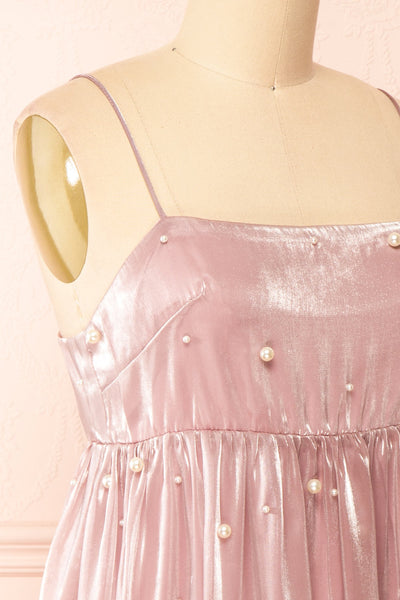 Ardelle Short Mauve Babydoll Dress w/ Pearls | Boutique 1861 side close-up