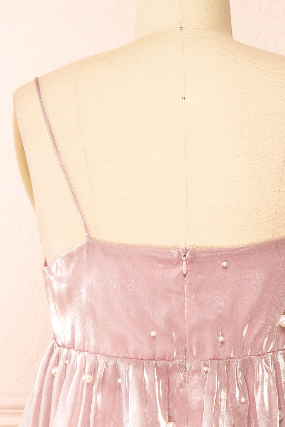 Ardelle Short Mauve Babydoll Dress w/ Pearls | Boutique 1861 back close-up