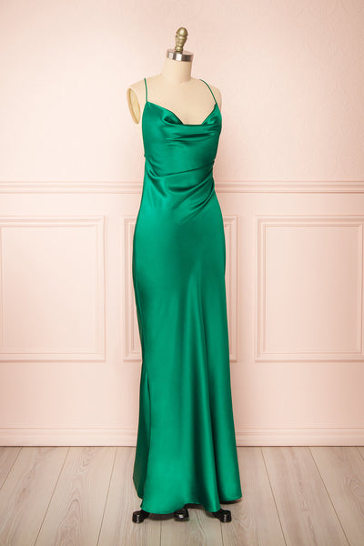 Areane Green Cowl Neck Satin Maxi Dress w/ Chain | Boutique 1861 side view
