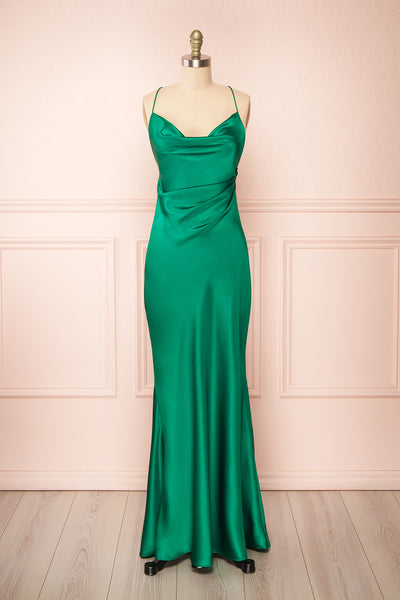 Areane Green Cowl Neck Satin Maxi Dress w/ Chain | Boutique 1861 front view