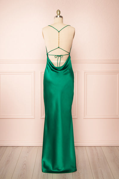 Areane Green Cowl Neck Satin Maxi Dress w/ Chain | Boutique 1861 back view