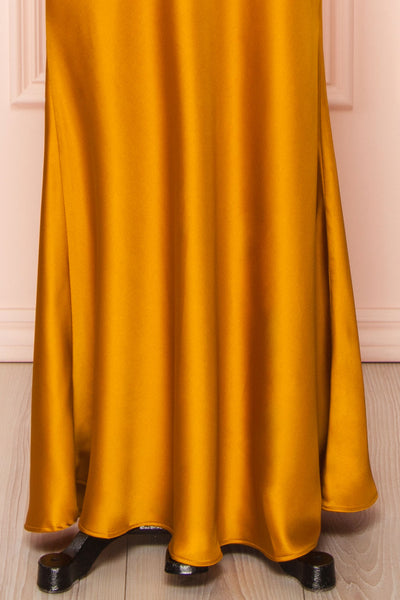 Areane Yellow Cowl Neck Satin Maxi Dress w/ Chain | Boutique 1861 bottom close-up