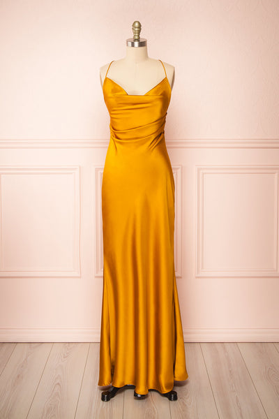 Areane Yellow Cowl Neck Satin Maxi Dress w/ Chain | Boutique 1861 front view