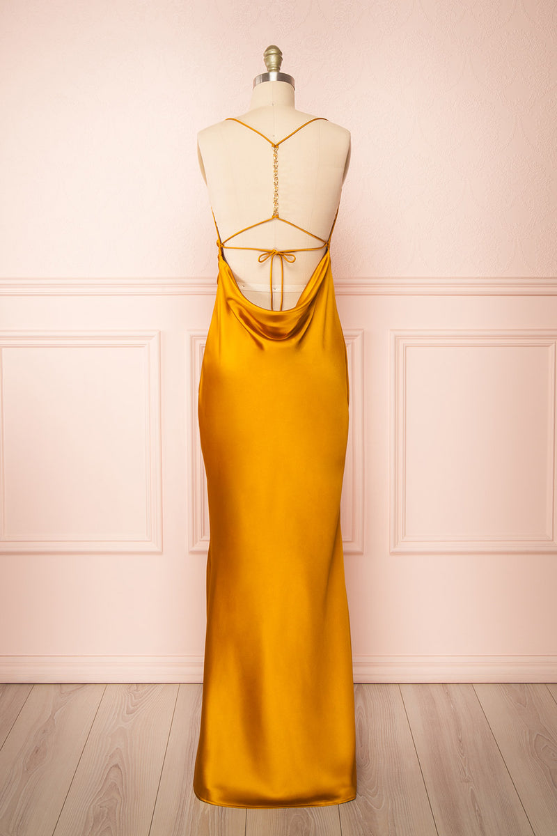 Areane Yellow Cowl Neck Satin Maxi Dress w/ Chain | Boutique 1861 Areane Yellow Cowl Neck Satin Maxi Dress w/ Chain | Boutique 1861