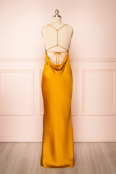 Areane Yellow Cowl Neck Satin Maxi Dress w/ Chain | Boutique 1861 back view